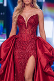 Sparkly Red Mermaid Strapless Corset Long Beaded Pageant Dress with Slit