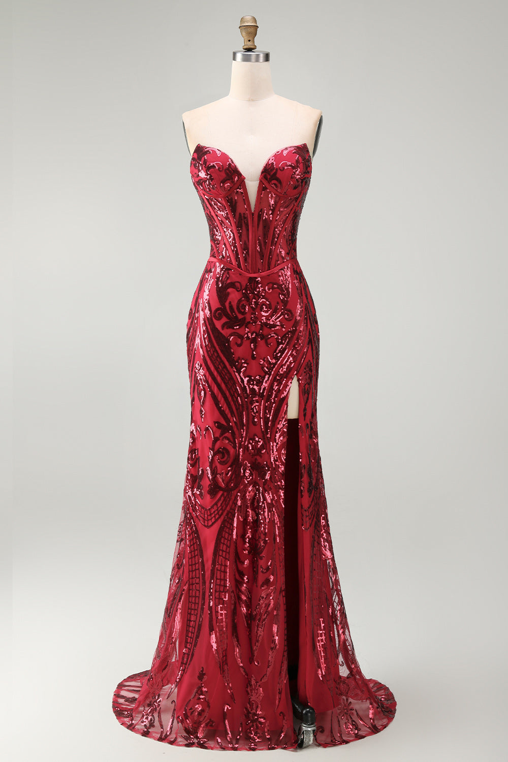 Sparkly Red Mermaid Strapless Corset Long Beaded Pageant Dress with Slit