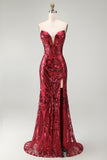 Sparkly Red Mermaid Strapless Corset Long Beaded Pageant Dress with Slit