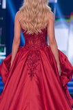 Sparkly Red Mermaid Strapless Corset Long Beaded Pageant Dress with Slit