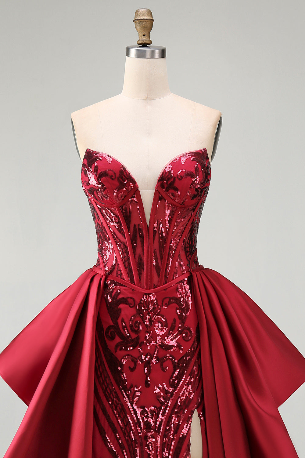 Sparkly Red Mermaid Strapless Corset Long Beaded Pageant Dress with Slit