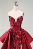 Sparkly Red Mermaid Strapless Corset Long Beaded Pageant Dress with Slit