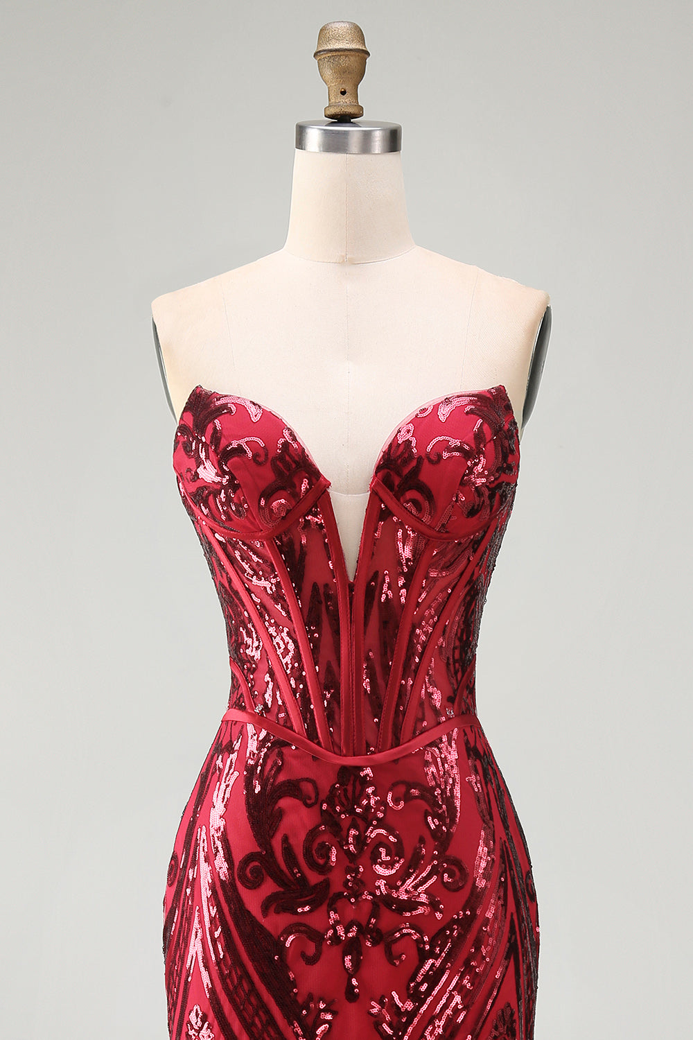 Sparkly Red Mermaid Strapless Corset Long Beaded Pageant Dress with Slit