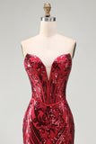 Sparkly Red Mermaid Strapless Corset Long Beaded Pageant Dress with Slit