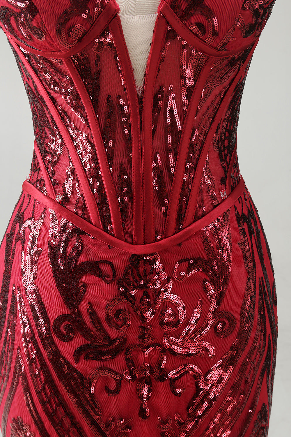 Sparkly Red Mermaid Strapless Corset Long Beaded Pageant Dress with Slit