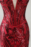 Sparkly Red Mermaid Strapless Corset Long Beaded Pageant Dress with Slit