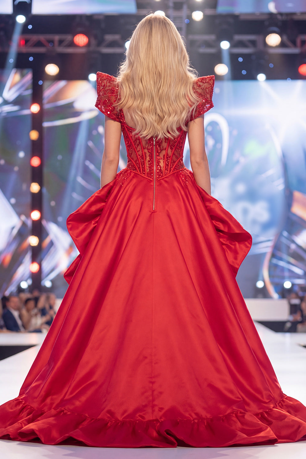 V-Neck Sparkly Red Mermaid Corset Long Beaded Pageant Dress with Slit