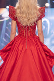 V-Neck Sparkly Red Mermaid Corset Long Beaded Pageant Dress with Slit