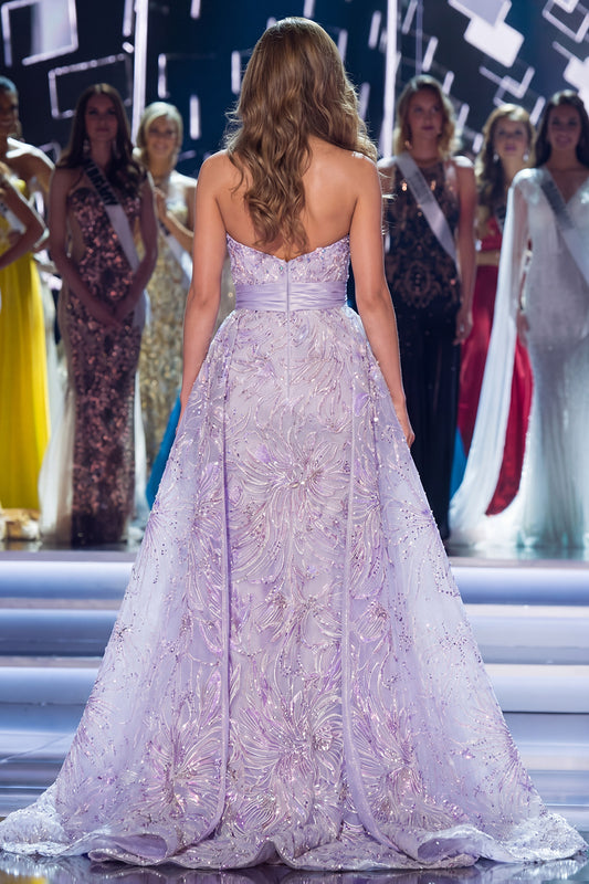 Sparkly Lilac Strapless Floral Mermaid Long Beaded Pageant Dress with Cape