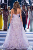 Sparkly Lilac Strapless Floral Mermaid Long Beaded Pageant Dress with Cape