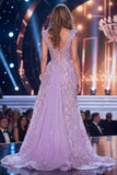 V-Neck Ruffled Sparkly Lilac Floral Mermaid Long Beaded Pageant Dress with Slit