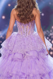 Ruffled Sparkly Lilac Corset Mermaid Long Beaded Strapless Pageant Dress with Slit