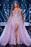 Floral Sparkly Lilac Corset Mermaid Long Beaded Strapless Pageant Dress with Cape