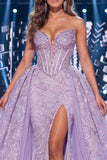 Floral Sparkly Lilac Corset Mermaid Long Beaded Strapless Pageant Dress with Cape