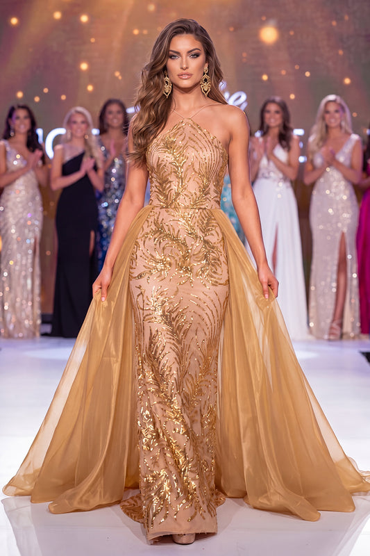Halter Sparkly Golden Mermaid Long Sequin Pageant Dress with Cape