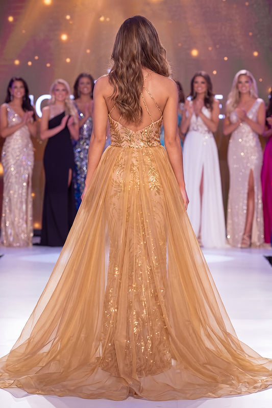 Halter Sparkly Golden Mermaid Long Sequin Pageant Dress with Cape