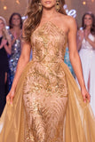 Halter Sparkly Golden Mermaid Long Sequin Pageant Dress with Cape