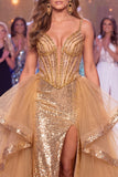Sparkly Golden Corset Ruffled Sequin Mermaid Long Beaded Pageant Dress with Slit