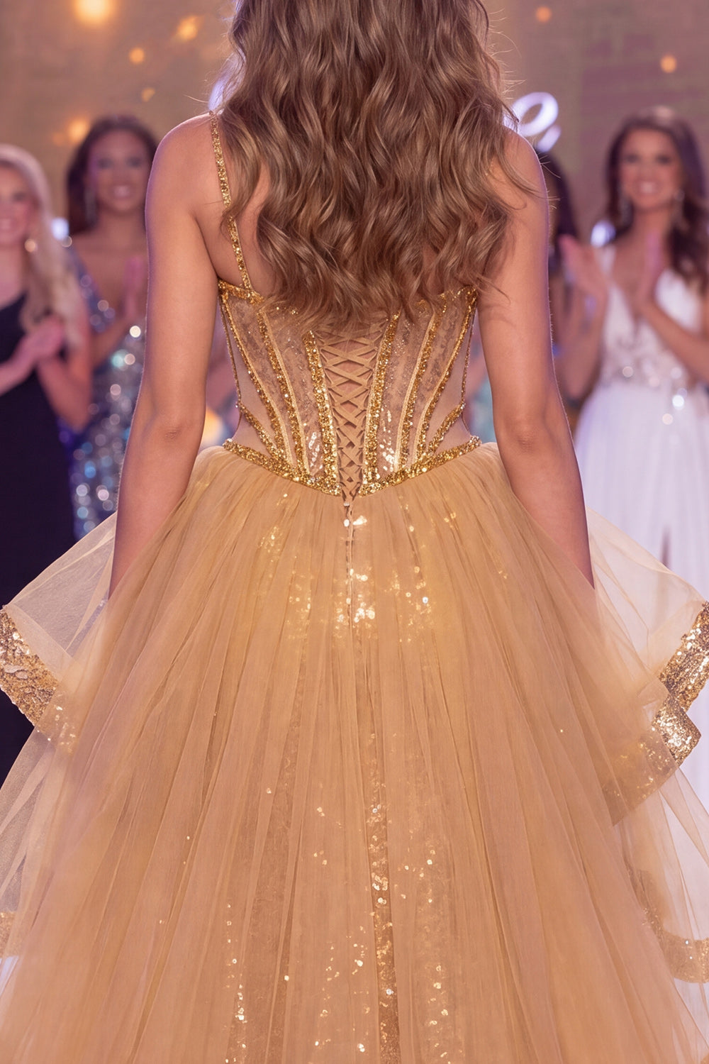 Sparkly Golden Corset Ruffled Sequin Mermaid Long Beaded Pageant Dress with Slit