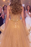 Sparkly Golden Corset Ruffled Sequin Mermaid Long Beaded Pageant Dress with Slit