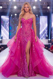 Corset Mermaid Long Beaded Ruffled Sparkly Fuchsia Pageant Dress with Cape