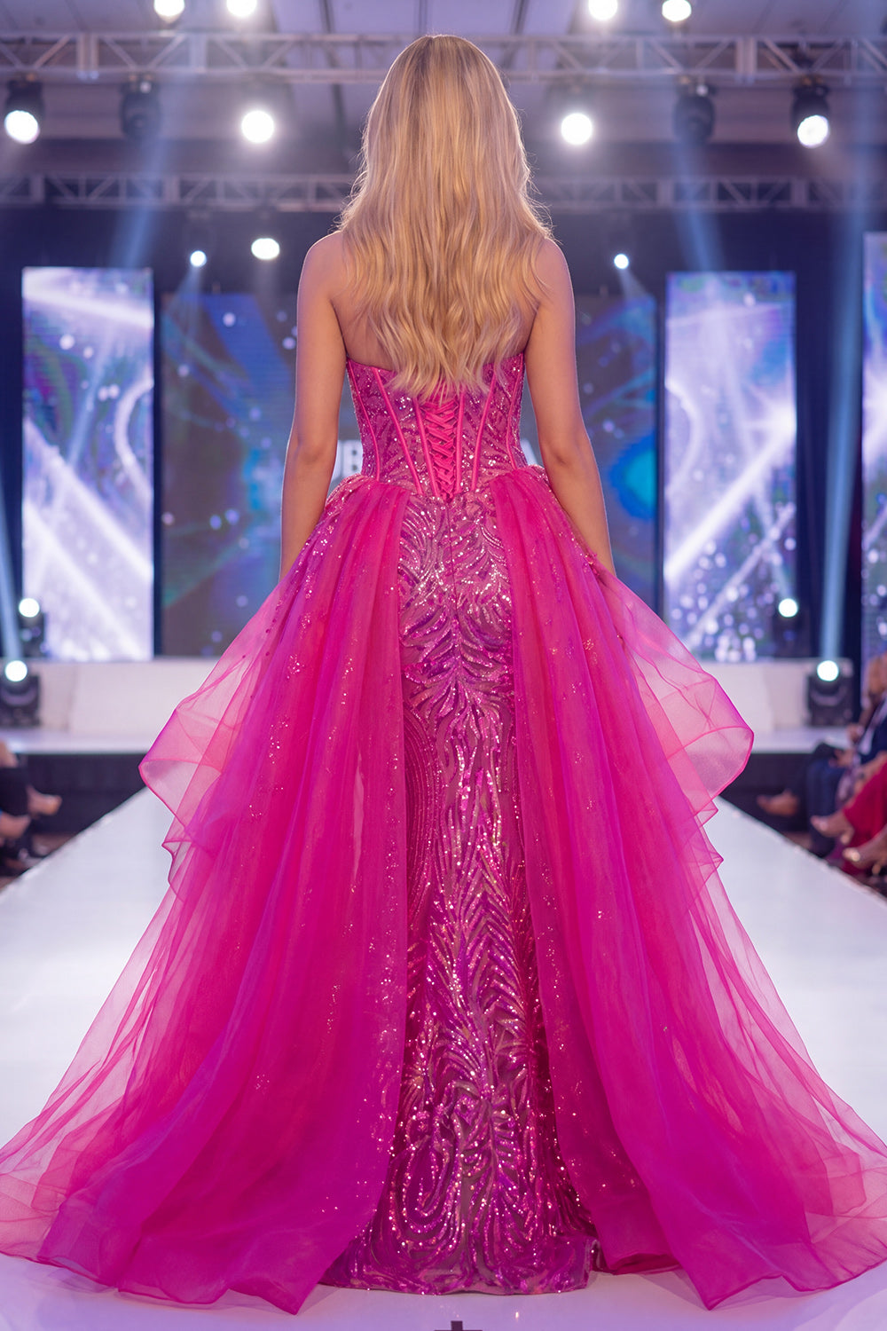 Corset Mermaid Long Beaded Ruffled Sparkly Fuchsia Pageant Dress with Cape