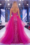 Corset Mermaid Long Beaded Ruffled Sparkly Fuchsia Pageant Dress with Cape