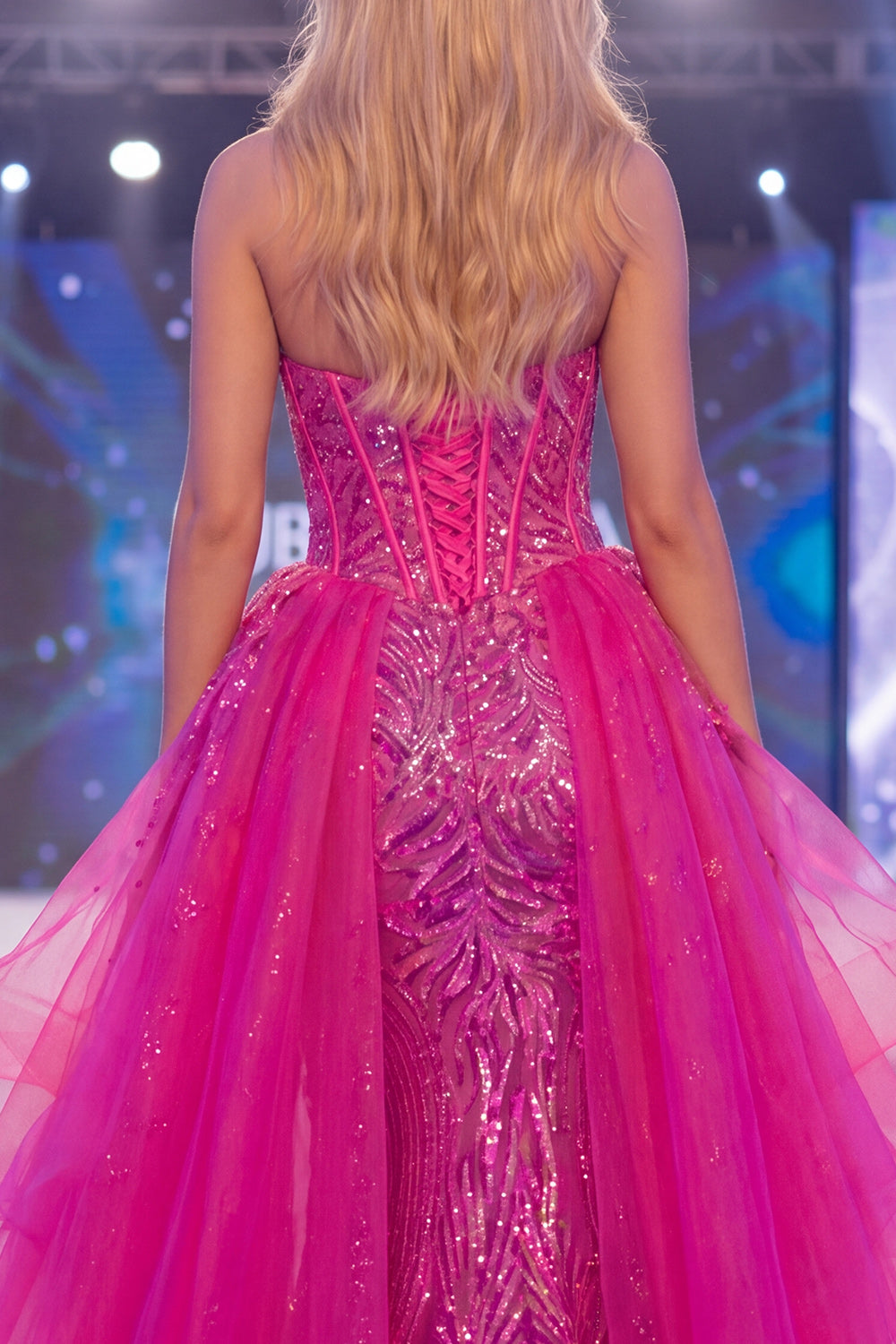 Corset Mermaid Long Beaded Ruffled Sparkly Fuchsia Pageant Dress with Cape