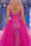 Corset Mermaid Long Beaded Ruffled Sparkly Fuchsia Pageant Dress with Cape