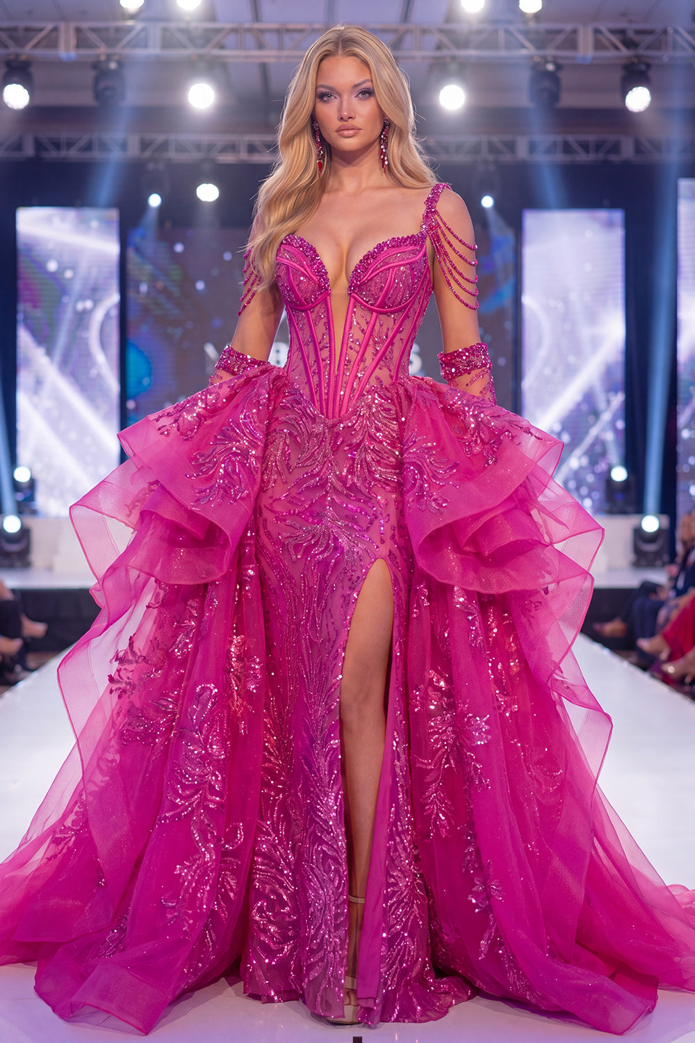 Sparkly Fuchsia Corset Mermaid Long Beaded Ruffled Pageant Dress with Cape