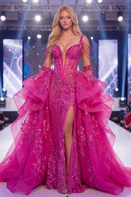 Sparkly Fuchsia Corset Mermaid Long Beaded Ruffled Pageant Dress with Cape