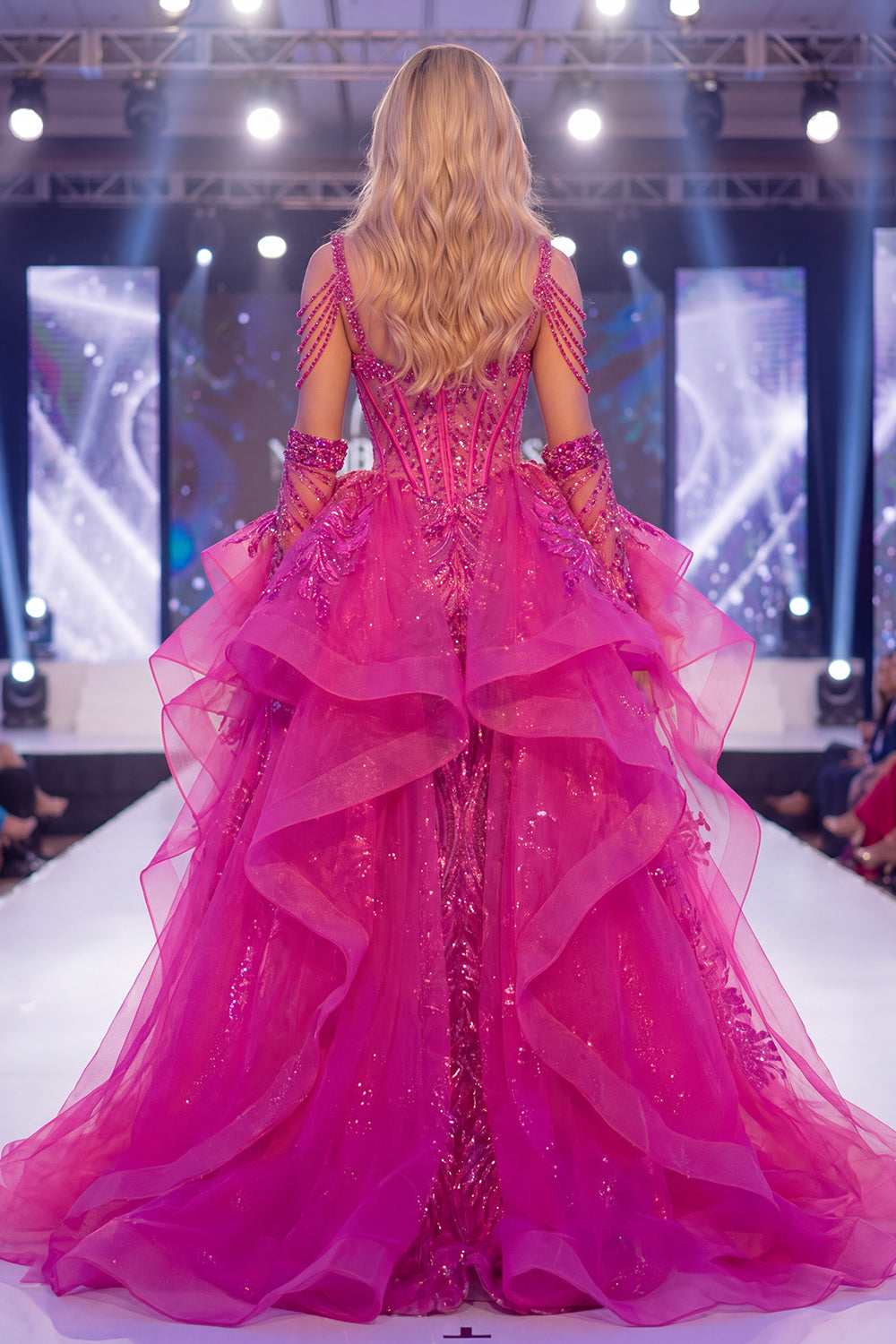 Sparkly Fuchsia Corset Mermaid Long Beaded Ruffled Pageant Dress with Cape