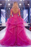 Sparkly Fuchsia Corset Mermaid Long Beaded Ruffled Pageant Dress with Cape