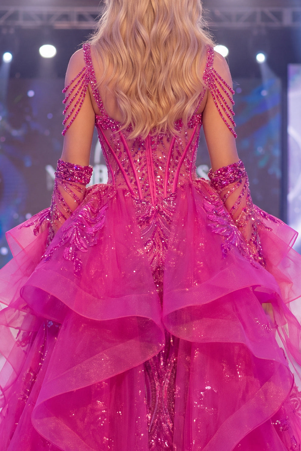 Sparkly Fuchsia Corset Mermaid Long Beaded Ruffled Pageant Dress with Cape