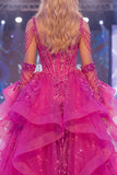 Sparkly Fuchsia Corset Mermaid Long Beaded Ruffled Pageant Dress with Cape