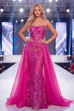 Strapless Sparkly Fuchsia Mermaid Long Beaded Pageant Dress with Cape