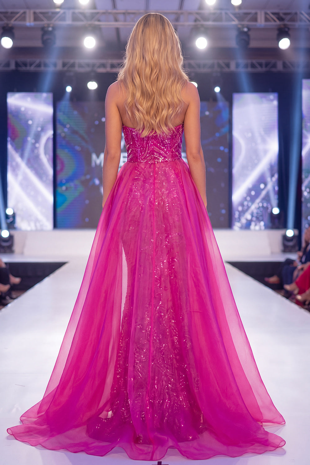 Strapless Sparkly Fuchsia Mermaid Long Beaded Pageant Dress with Cape