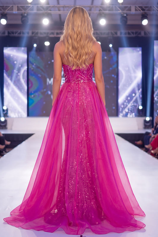 Strapless Sparkly Fuchsia Mermaid Long Beaded Pageant Dress with Cape
