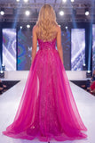 Strapless Sparkly Fuchsia Mermaid Long Beaded Pageant Dress with Cape