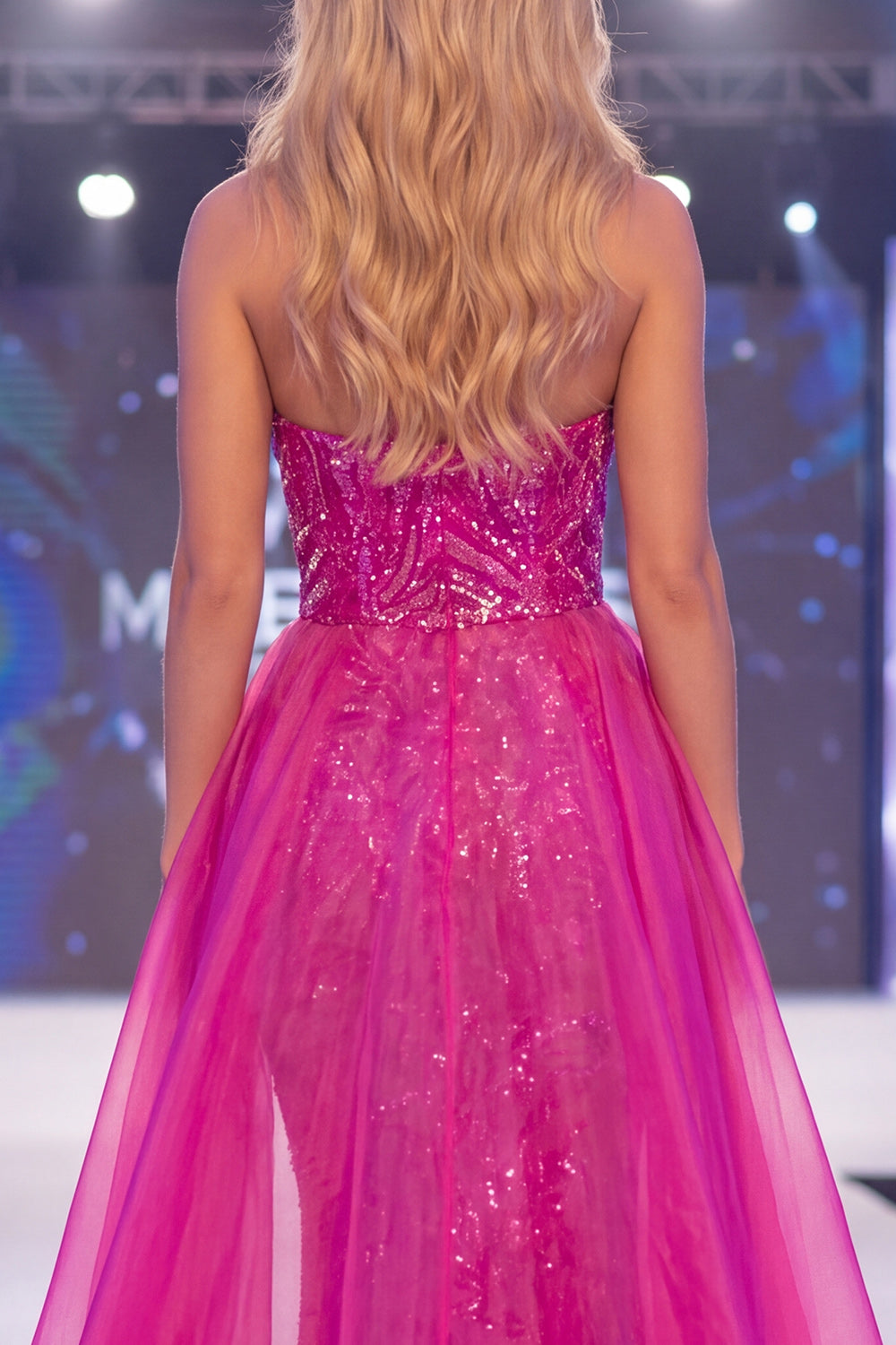 Strapless Sparkly Fuchsia Mermaid Long Beaded Pageant Dress with Cape