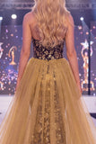 Sparkly Black Golden Floral Corset Mermaid Long Sequin Pageant Dress with Slit