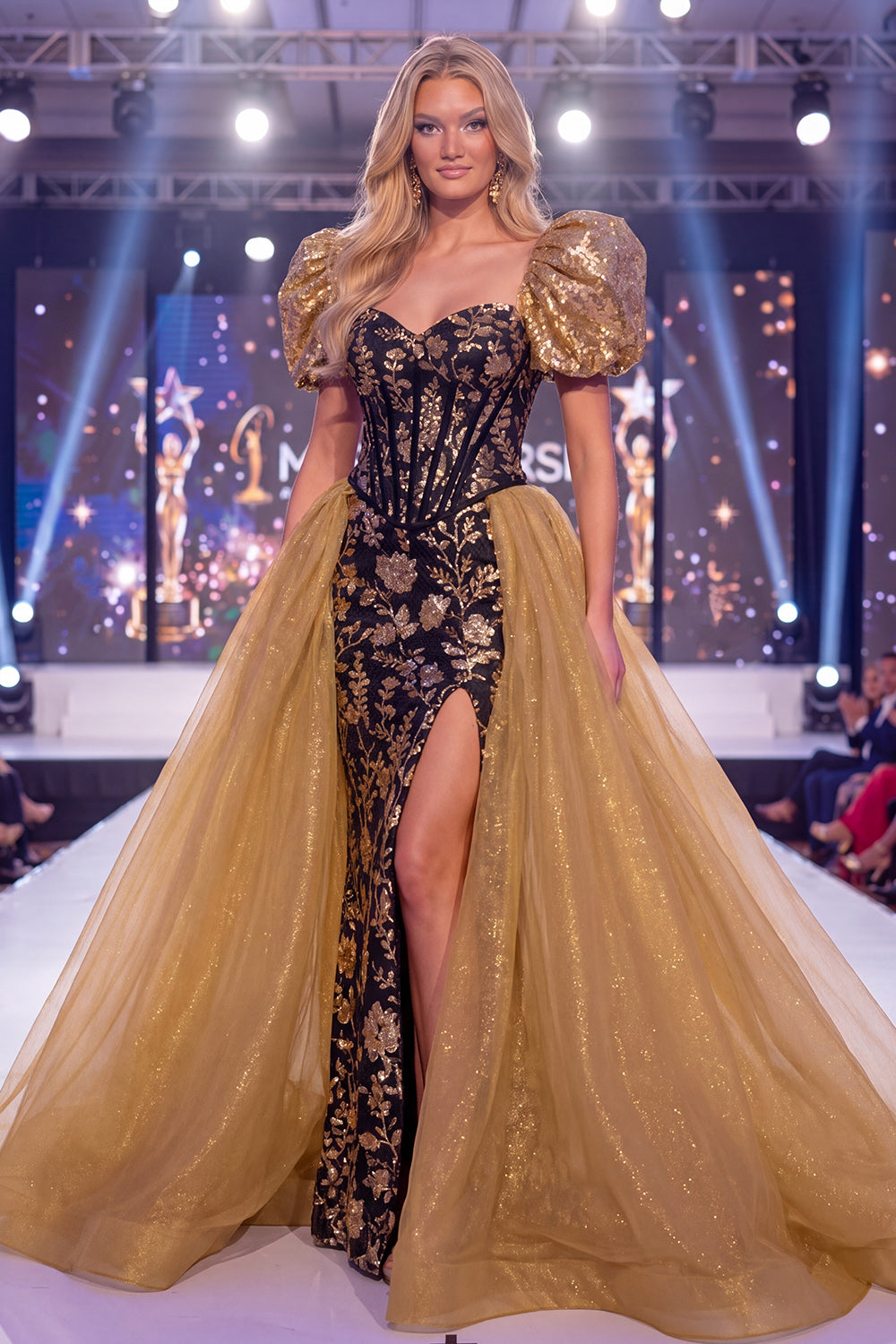 Corset Mermaid Long Sparkly Black Golden Floral Sequin Pageant Dress with Slit