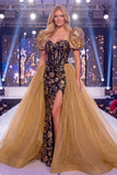 Corset Mermaid Long Sparkly Black Golden Floral Sequin Pageant Dress with Slit