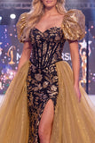 Corset Mermaid Long Sparkly Black Golden Floral Sequin Pageant Dress with Slit