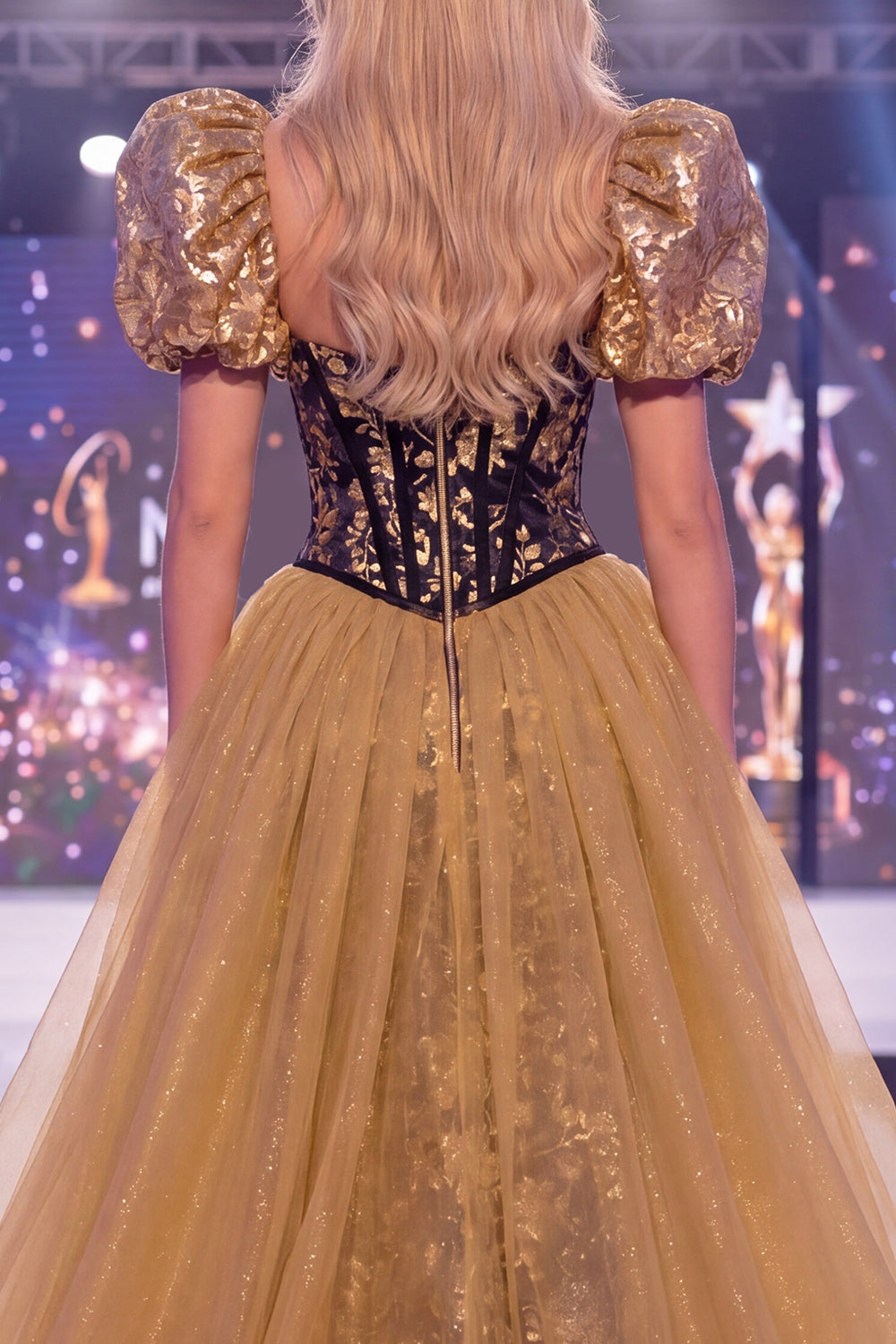 Corset Mermaid Long Sparkly Black Golden Floral Sequin Pageant Dress with Slit