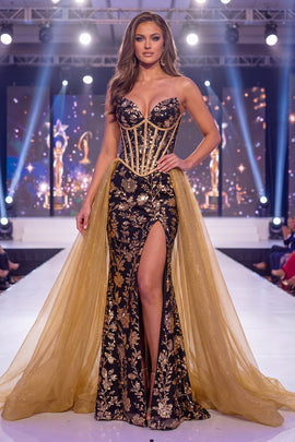 Long Sequin Sparkly Black Golden Floral Corset Mermaid Pageant Dress with Cape