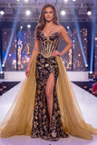 Long Sequin Sparkly Black Golden Floral Corset Mermaid Pageant Dress with Cape