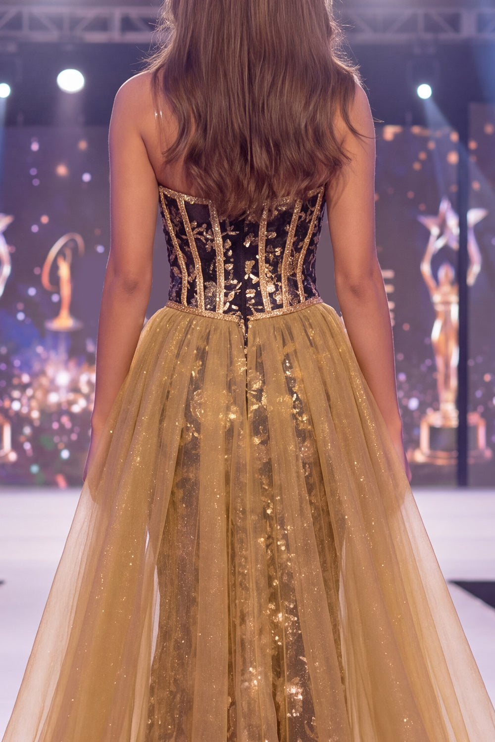 Long Sequin Sparkly Black Golden Floral Corset Mermaid Pageant Dress with Cape