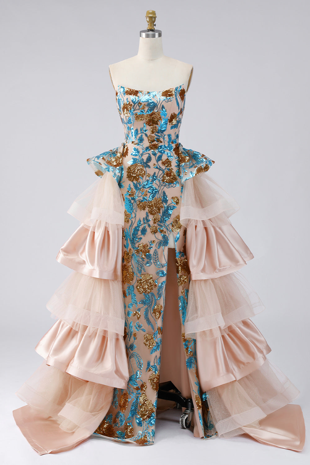 Ruffled Sparkly Blue Floral Mermaid Long Beaded Strapless Pageant Dress with Slit