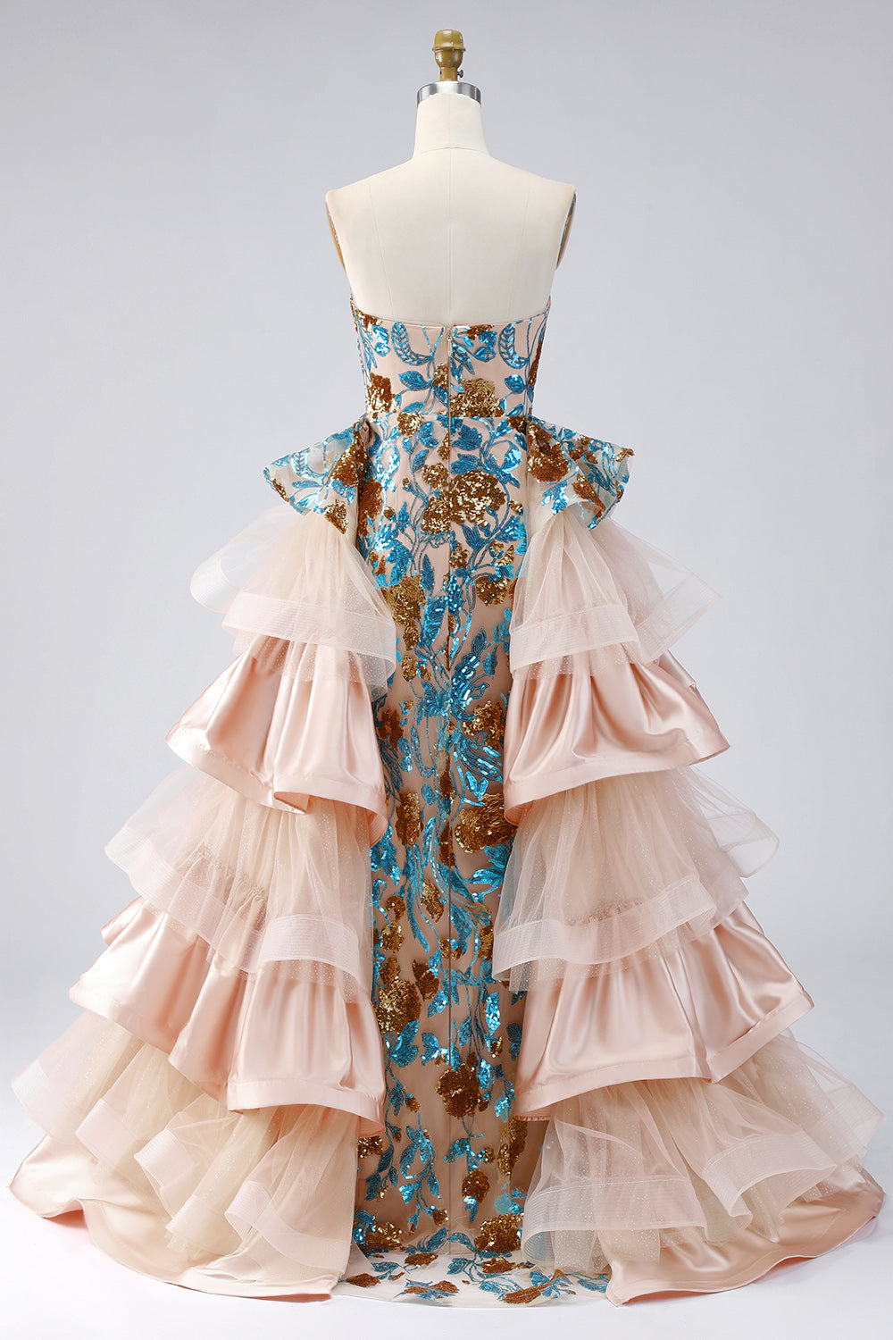 Ruffled Sparkly Blue Floral Mermaid Long Beaded Strapless Pageant Dress with Slit